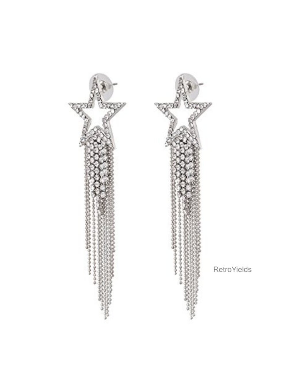 Star Tassel Dangle Earrings Rhinestone Pave Crystal Boho Fringe Drop